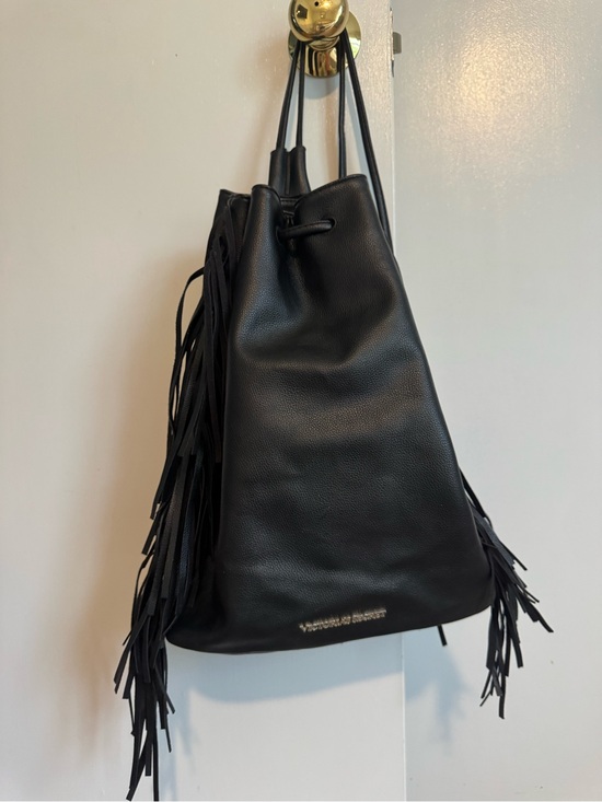 Victoria's Secret Handbags - Victoria's Secret Black Fringe Drawstring Backpack